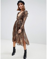 Glamorous Midi Dress With And Split Front In Leopard Print