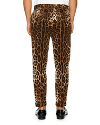 Dolce & Gabbana Leopard Print Stretch Cotton Trousers Brown