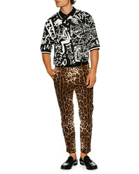 Dolce & Gabbana Leopard Print Stretch Cotton Trousers Brown