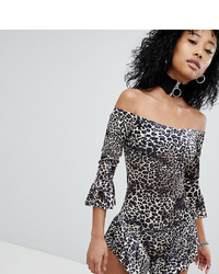 One Above Another Off Shoulder Playsuit With Frills In Velvet Leopard