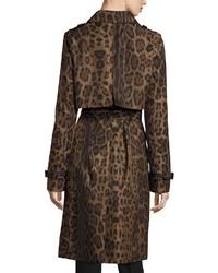 Jane Post Double Breasted Leopard Print Midi Trenchcoat Brown