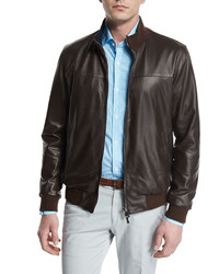 Dark Brown Plaid Leather Bomber Jacket