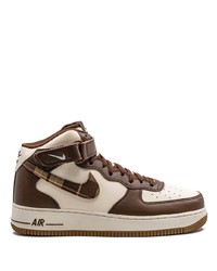 Dark Brown Plaid Leather High Top Sneakers