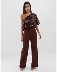 PrettyLittleThing One Shoulder Jumpsuit With Layered Ruffle Detail In Chocolate Polka Dot