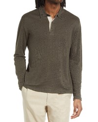 Vince Long Sleeve Linen Polo In Frog At Nordstrom