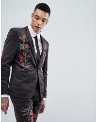 ASOS DESIGN Asos Skinny Velvet Check Suit Jacket With Embroidery