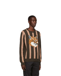 MAISON KITSUNÉ Tan And Khaki Wool Stripes Fox Head Sweater