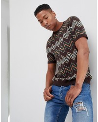 ASOS DESIGN Knitted T Shirt In Brown With Chevron Stripes