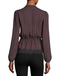 Veronica Beard Lindberg Blouson Sleeve Printed Silk Blouse W Lace