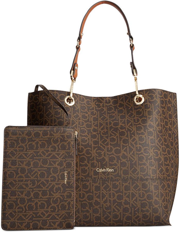 Calvin Klein Garnet Signature Convertible Tote Bag in Brown