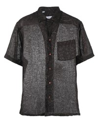 Dark Brown Print Linen Short Sleeve Shirt