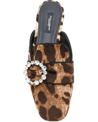 Dolce & Gabbana Leopard Print Mules With Bejewelled Buckle