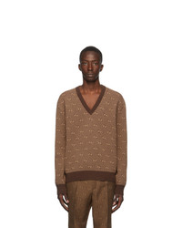 Dark Brown Print V-neck Sweater
