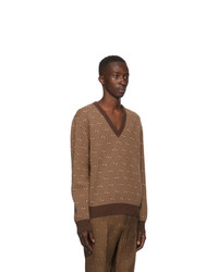 Gucci Brown Wool Jacquard Gg Stripe V Neck Sweater