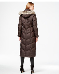 London Fog Faux Fur Trim Hooded Down Maxi Coat