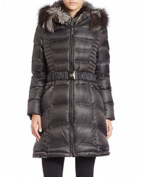 Dawn Levy Fox Fur Trimmed Belted Puffer Coat