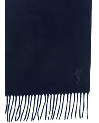 Saint Laurent Wool Embroidered Logo Fringed Scarf