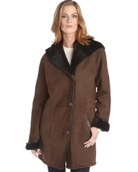 Jekel Cafe Brown Lambskin Shearling Hooded Button Front Laura Coat
