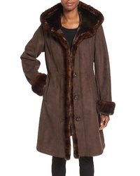Gallery Hooded Faux Shearling Long A Line Coat