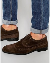 Asos Brand Longwing Brogue Shoes In Brown Suede