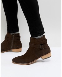 ASOS DESIGN Asos Chelsea Boot In Brown Suede With Cuban Heel And Strapping Detail