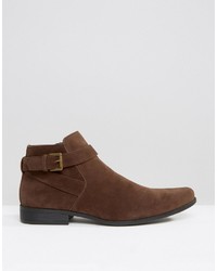 Asos Chelsea Boots In Brown Faux Suede With Strap Detail