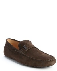 Tod's Dark Brown Suede Engraved Logo Penny Strap Slip On Loafers