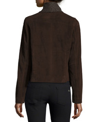 Neiman Marcus Suede Ribbed Knit Waterfall Jacket Brown