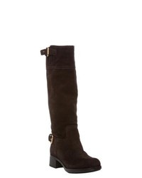 Prada Dark Brown Knee High Suede Boots With Buckle Detail