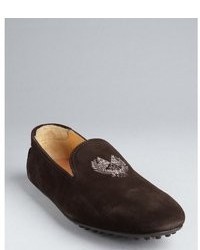 Car Shoe Black Suede Logo Embroidered Slip On Loafers