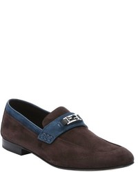 Fendi Blue And Brown Suede Logo Detail Loafers