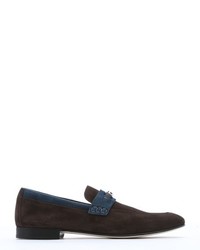 Fendi Dark Brown And Blue Suede Logo Detail Loafers
