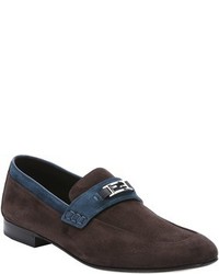 Fendi Dark Brown And Blue Suede Logo Detail Loafers