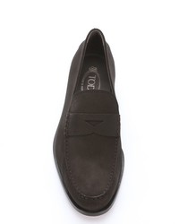 Tod's Dark Brown Suede Boston Moc Toe Penny Loafers