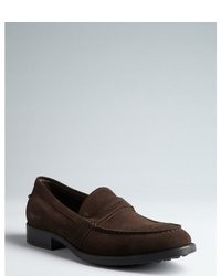 Tod's Dark Brown Suede Heeled Penny Loafers