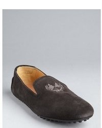 Car Shoe Dark Grey Suede Logo Embroidered Slip On Loafers