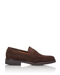 Barneys New York Suede Apron Toe Penny Loafers Dark Brown