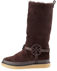 Tory Burch Dana Shearling Lined Suede Logo Tall Boot Coconut