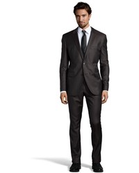Hugo Boss Dark Brown Pinstripe Wool Two Button Super 130 Suit With Flat Front Pants