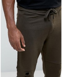 Asos Tapered Joggers With Rips And Zip Pockets In Brown