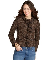 RED Valentino Brown Wool Blend Tweed Ruffle Front Jacket