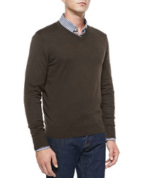 Neiman Marcus Cashmere Silk V Neck Sweater Dark Browngray