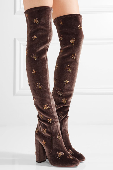 Aquazzura Fauna Embellished Velvet Over The Knee Boots Dark Brown ...