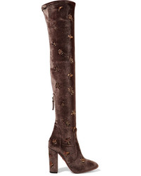 Aquazzura Fauna Embellished Velvet Over The Knee Boots Dark Brown