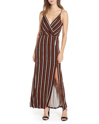 Dark Brown Vertical Striped Linen Maxi Dress