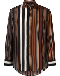 Dark Brown Vertical Striped Silk Long Sleeve Shirt