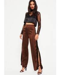 Missguided Brown Satin Side Split Lace Detail Wide Leg Trousers