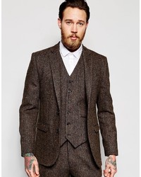 Asos Brand Slim Suit Jacket In Brown Harris Tweed