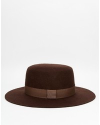 Asos Brand Flat Top Hat In Brown Felt With Wide Brim
