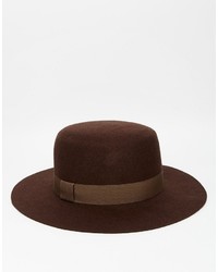 Asos Brand Flat Top Hat In Brown Felt With Wide Brim